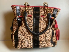 EUC Isabella Adams Black Textured  Leather Faux Animal Print Large Tassel Purse