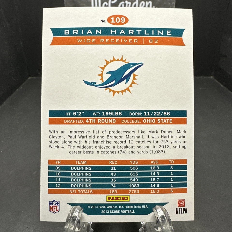 2013 Score Brian Hartline #109 Miami Dolphins - Image 2 of 2