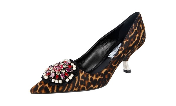 Prada Ponyfell Kristall Brosche Pumps Schuhe 1I015G - Leopard Neu - 36,5 37-image