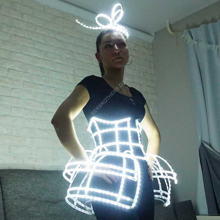 LED ligth up cage dress batterfly and barrette. LED show costumes