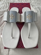 Tory Burch Leather Sandals Size 7 Gold Silver Metal Logo *EUC* In Box W Dust Bag