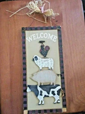 Welcome 3D Farm Animal Pyramid Sign Stacked Wood Hand Made Farmhouse Rustic Chic