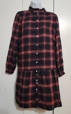 LOFT Plaid Flannel Mini Dress XS Red Ruffle Neck Drop Waist Long Sleeve