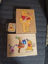 3 VTG Disney Winnie the Pooh Rubber Craft Stamps on Wood Block All Night Media