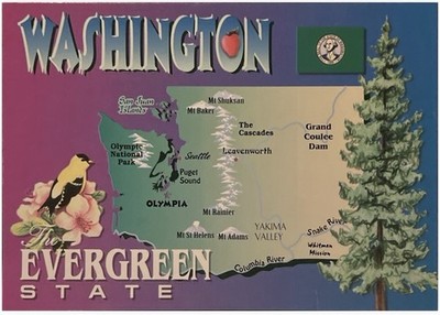 Greetings from Washington the Evergreen State map postcard 1990s State Flag