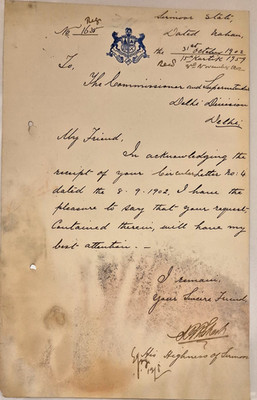 RARE LETTER SIRMOOR STATE,SIGNED MAHARAJA SIRMOOR,SIKH, PUNJAB HILL STATE, INDIA