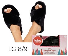Totes Toasties Memory Foam Slippers Slides Black Faux Fur Open Toe Cross LG 8 9