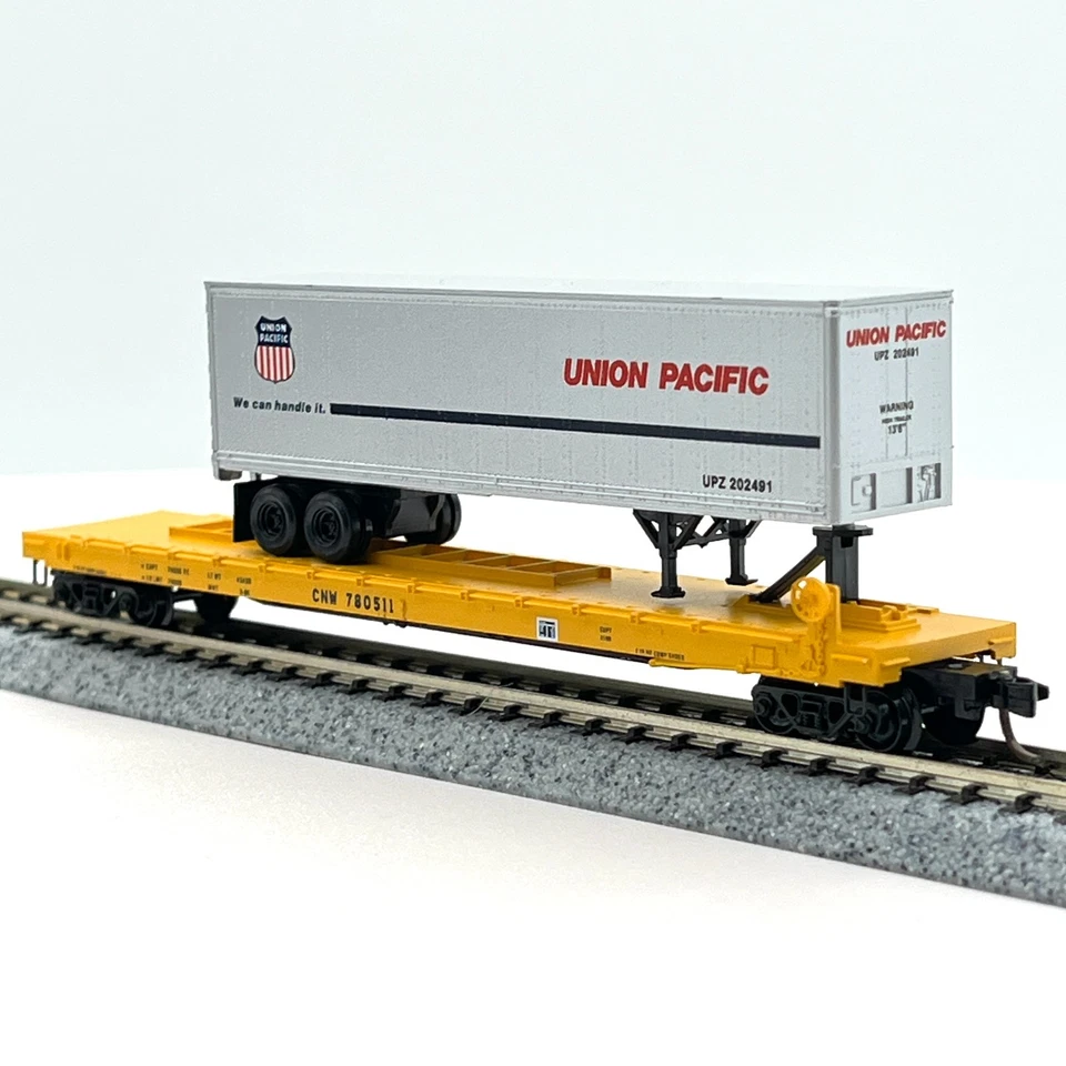 Micro-Trains 66020 CNW TOFC coche plano a cuestas y remolque Union Pacific escala N Foto 2 de 4