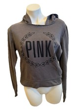 Pink VS Size Medium Hoodie Sweatshirt Gray Top Victoria s Secret Cropped Crop T7