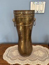Vintage Hammered Brass Umbrella Stand 19" w/ Lion Heads Made in Spain