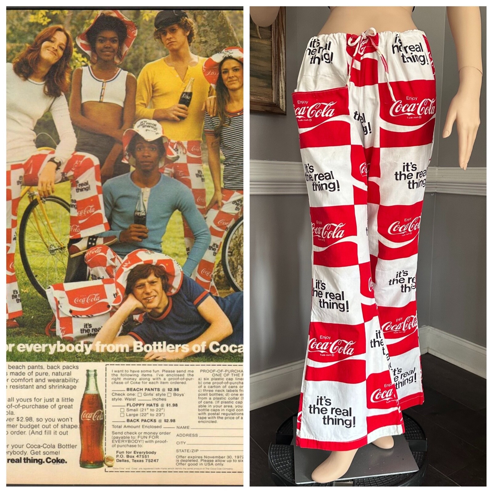 Vintage 1970s Coca Cola Bell Bottom Pants Red & White Logo Pockets 