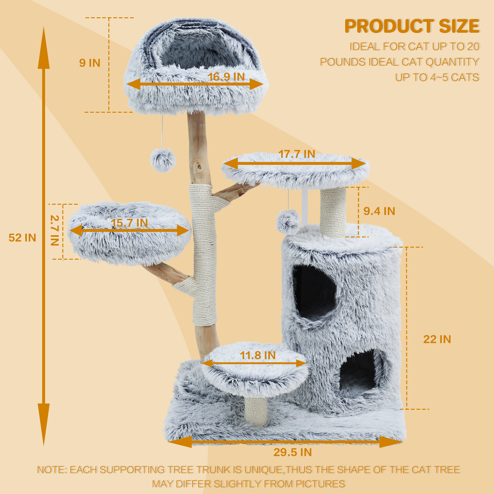 ZEOPHOL 52" Cat Tree Large Condo Pet Play Tower Cat Bed Furniture Scratch Post