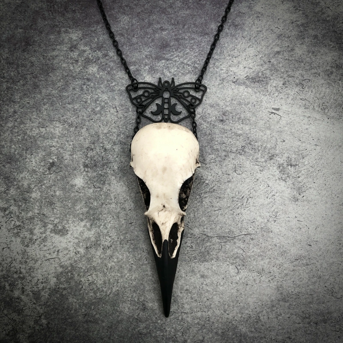 Moon Moth Raven Skull Necklace Moth Bird Skull Pendant Crescent Gothic Magical