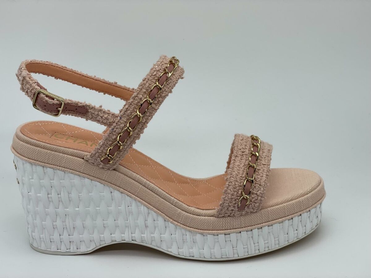 CHANEL 20C Tweed Leather Chain CC Raffia Platform Wedge Heel CHANEL 20C Tweed Leather Chain CC Raffia Platform Wedge Heel