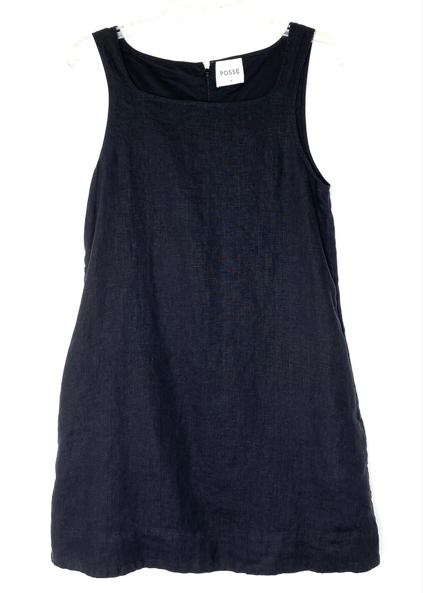 POSSE Val Black 100% Linen High Square Neck Mini Dress w/ Pockets SMALL = 6  US | eBay
