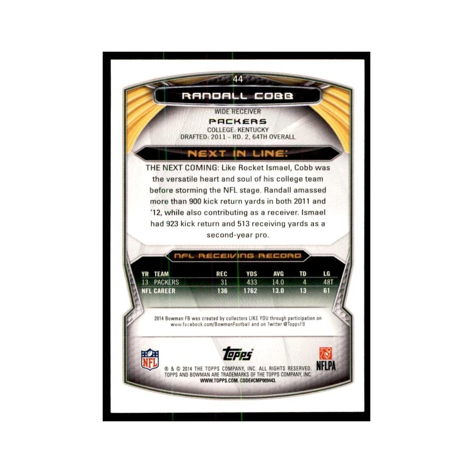 2014 Bowman Randall Cobb Football Cards #44 - Image 2 of 3