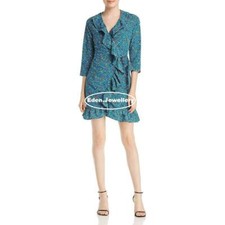 US$88 ALISON ANDREWS Blue Casual Floral Flower Print Ruffled Wrap Dress L SALE