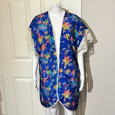 Vintage Val Mode Lingerie Satin Kimono Robe Blue Floral