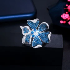 Adjustable Big 3D Geometric Flower Blue CZ Engagement Ring Fashion Brand Jewelry
