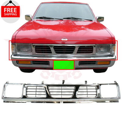 New Front Grille Chrome Shell with Gray Insert Fits 1993-1997 Nissan Pickup