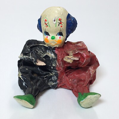 Vtg Paper Mache Clown Handmade Folk Art Scary Little Guy Creepy Happy Smiley