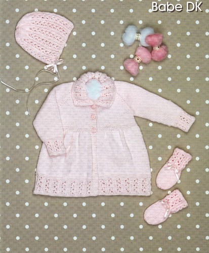 BABYS ~ MANTEL/CARDIGAN/HAUBE/HANDSCHUHE DK STRICKMUSTER GRÖSSE 18-22" (FEB12