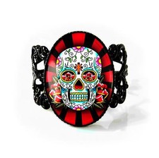 Day of the Dead Sugar Skull Ray Jet Black Dia De Los Muertos Glass Filigree Ring