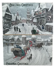 Victorian Village Scene Christmas Greetings Sleighs Families and Snow Postcards