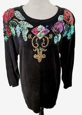 Vtg 90s SML Bling Long Sweater Womens Black Colorful Floral Sequins Gold Beads M
