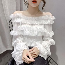 Sexy Blusa Camisa Lolita Manga Larga con Volantes Hombro Descubierto para Damas