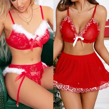 Women Sexy Lingerie Red Santa Christmas Lace Sheer Babydoll Bra Panty Skirt Set