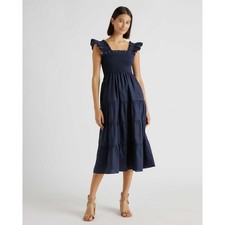 NWT Quince 100% Organic Cotton Poplin Smocked Midi Dress Navy XL