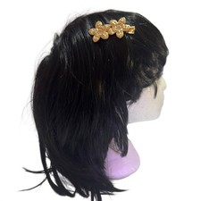 Goldtone Floral Crystal Hair Clip - Rhinestone Double Flower Design Womens NEW