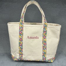 Vintage LL Bean Boat  Tote Bag White Canvas Floral Trim Embroidery Made In USA