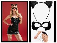 Voiiake Black Cat Ears Headband Woman Mask Fishnet Stockings Halloween CosPlay