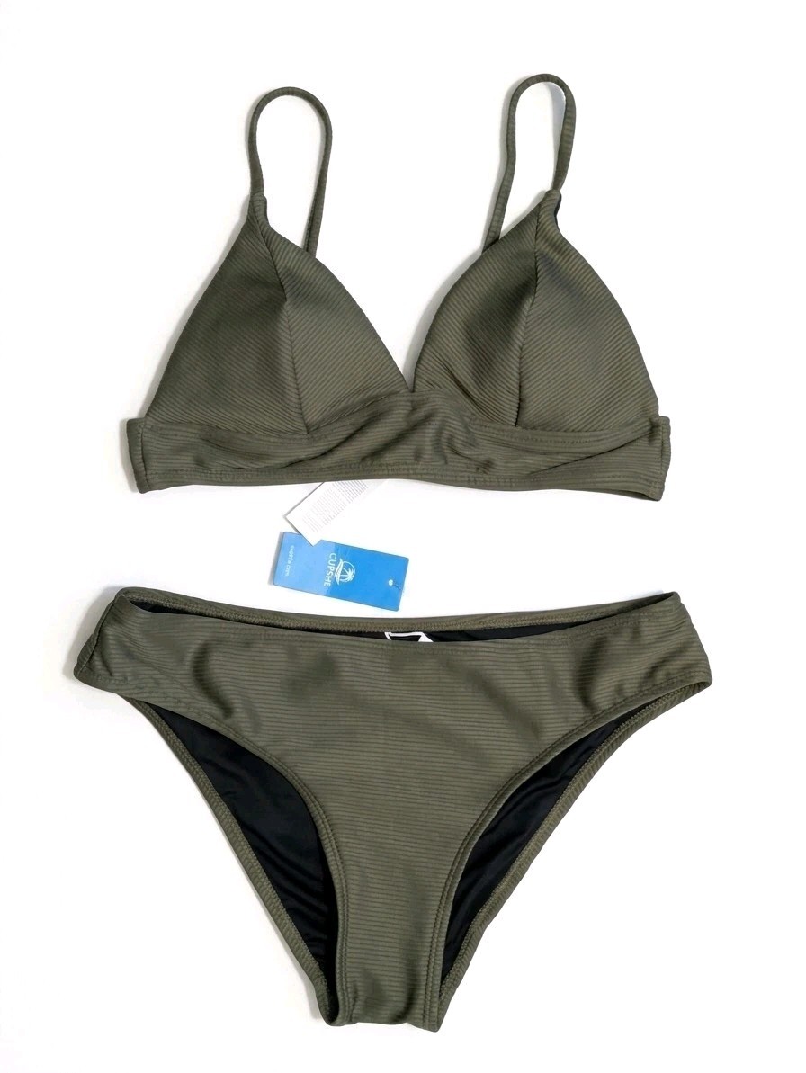 CUPSHE Women's Ribbed Bikini Set Olive Green 2 Piece Swimsuit Size Medium NWT