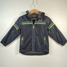 London Fog Hooded Windbreaker Kids Size 7 Navy Blue Reflective Striped Active