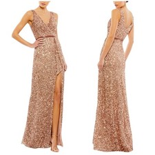 Mac Duggal NWT V-Neck High Slit Sequined Wrap Gown Copper Beaded Size 2