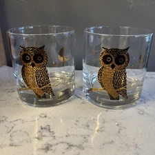 Pair of Vintage Couroc OWL Glasses Low Ball Barware MCM 3-3/8” Tall