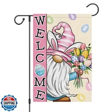 Wodison Easter Garden Flag 12×18 Double Sided, Vertical Burlap Gnome Floral E