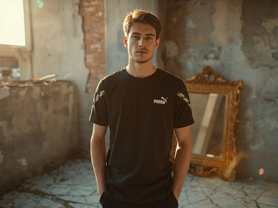 Puma T-Shirt Herren M Tape Logo Schwarz Ärmelband 100% Baumwolle