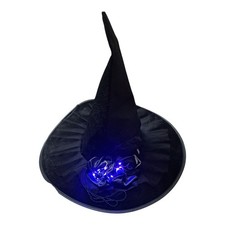 Witch Hat Adult Halloween Black Pointed Light Up Iridescent Feather Velvety LED