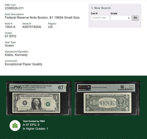 1969A $1 Federal Reserve Note - PMG 67EPQ - Second Highest Graded - Fr 1904-A - Picture 2 of 4