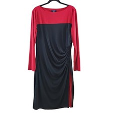 Chaps Womens XL Ruched Draped Black & Red Colorblock Long Sleeve Boat Neck Dress