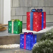 Set of 3 Christmas Lighted Gift Boxes Outdoor Led Present Box Light with Bow ...