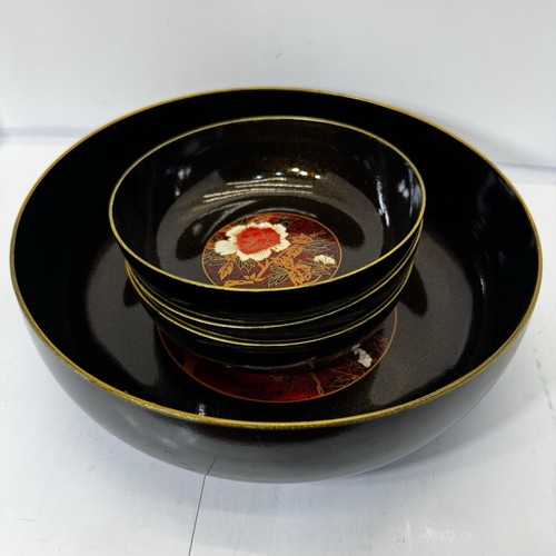 Vintage Japanisches Lackgeschirr Aercing Schüssel Set Traditionell Floral Schwarz Gold - Bild 6 von 7