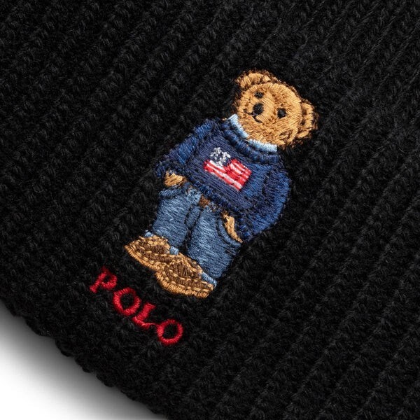 POLO Ralph Lauren Cable American Flag Bear Black beanie knit