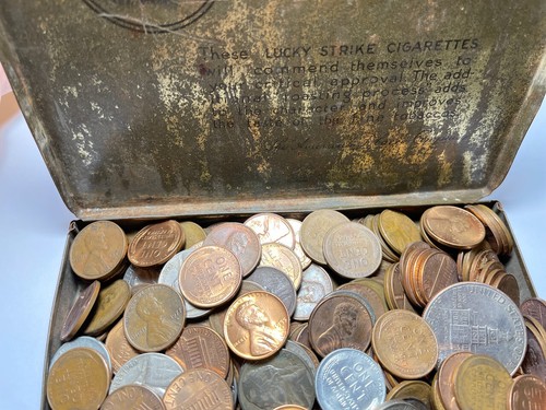 Tobacco Tin US Coin Collection: Copper Penny Nickel Dollar Wheat 90% Silver Lot - Picture 11 of 12