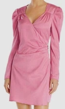 $249 WAYF Womens Pink Surplice V-Neck Puff-Sleeve Faux-Wrap Sheath Mini Dress XS