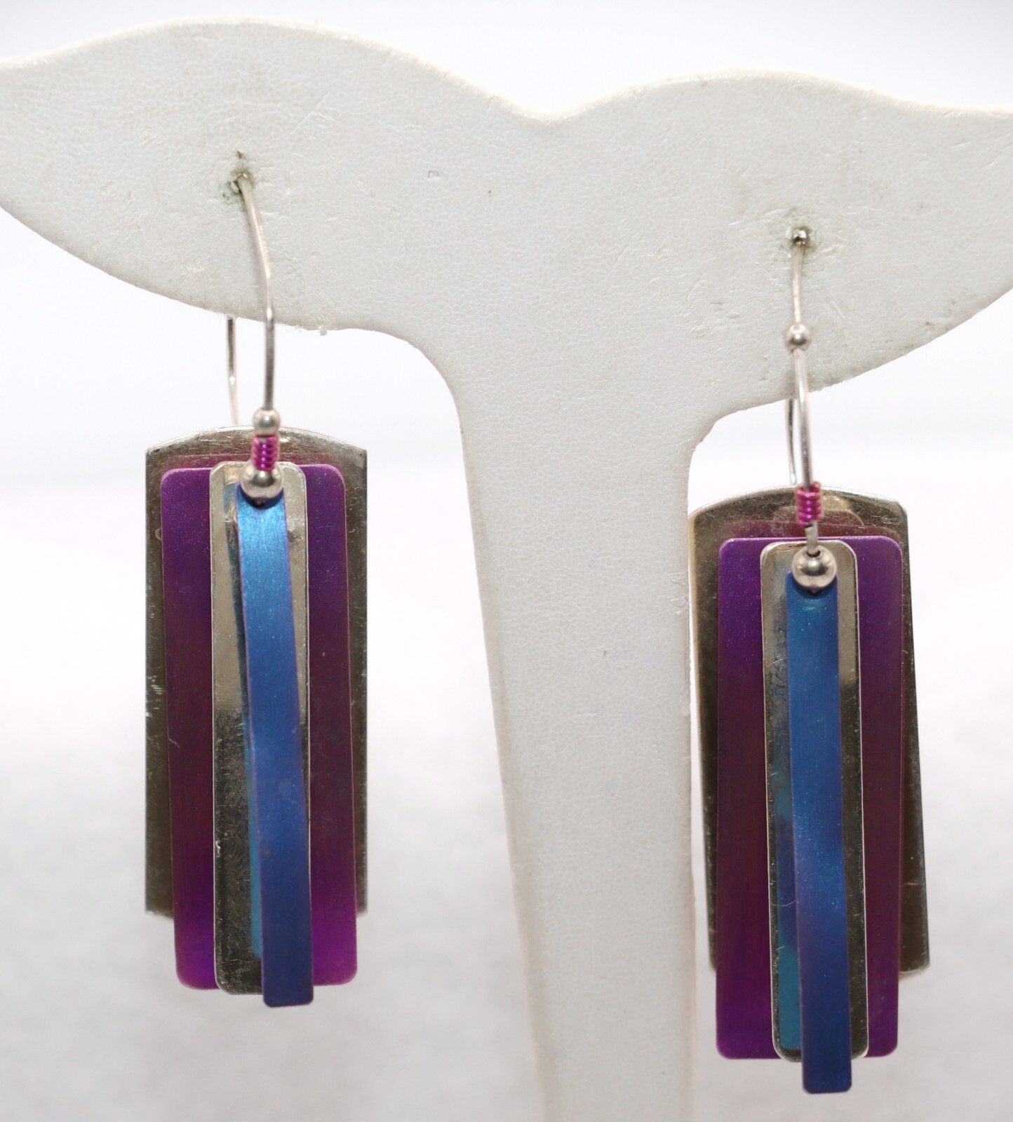 Purple Blue Silver Rectangle Shape Bead Wire Hoop… - image 2